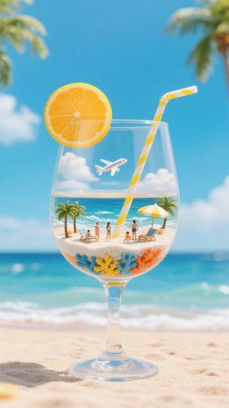 创作逼真写实风格微缩场景作品，主体为高脚透明玻璃酒杯，杯内嵌套完整沙滩度假场景，采用分层构图。杯底呈现彩色珊瑚（蓝、黄、橙 ）与白色细沙，中层布置棕榈树、进行休闲活动的沙滩游客、遮阳伞、躺椅，上层构建蓝天（含白云 ）、海洋（有浪花、海平线 ）、杯中内部有白色迷你小航班机飞行，杯口装饰黄色条纹吸管、吸管直插杯底，杯口鲜橙色柠檬片，突出 “杯中装下夏日海滩” 奇妙感，整体色调暖亮，营造通透阳光海滩氛围 。干净海边沙滩背景