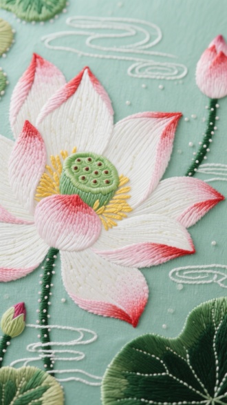 主题：莲花刺绣
工艺：细腻的刺绣工艺，展现了高超的手工技艺。
色彩：花瓣主要以白色和粉色为主，边缘有红色渐变，中心的莲蓬是绿色，点缀着黄色的花蕊。
细节：花瓣上的纹理和脉络清晰可见，莲蓬上的小孔和花蕊的细节也十分精致。
背景：淡绿色的背景，上面有白色的线条和点状图案，仿佛是水面的波纹和荷叶的倒影，增加了画面的层次感。
艺术风格：整体风格典雅，具有浓厚的东方艺术气息，展现了传统刺绣的美感。
象征意义：莲花常被视为纯洁和高雅的象征，在许多文化中都有重要的地位，寓意着出淤泥而不染的品质。
刺绣技法：可能使用了多种刺绣技法，如平针、锁针、打籽绣等，来表现花瓣的层次感和立体感。
自然元素：除了莲花，还可以看到一些荷叶和花蕾的刺绣，增加了画面的丰富性和生动感。
材质：刺绣布料细腻，针脚均匀，显示出刺绣者的精湛技艺和对细节的把控。
氛围：整体画面给人一种宁静、雅致的感觉，仿佛置身于一个宁静的荷塘之中。