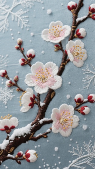 主题： 梅花刺绣
工艺： 细腻的刺绣工艺，展现了考究的手工技艺。
色彩： 花瓣主要以白色和浅粉为主，边缘有深红晕染，枝干是深褐色，点缀着金黄的细小花蕊。
细节： 花瓣上的微妙褶皱和枝干的肌理清晰可见，花蕊的点状细节也十分精致。
背景： 淡灰蓝色的背景，上面有白色的细密针脚和点状图案，仿佛是飘落的雪花和冰晶的痕迹，增加了画面的层次感。
艺术风格： 整体风格清雅高洁，具有浓厚的东方艺术气息，展现了传统刺绣的意境美。
象征意义： 梅花常被视为坚韧和傲骨的象征，在严寒中绽放，寓意着不屈不挠的品格。
刺绣技法： 可能使用了多种刺绣技法，如平针、套针、打籽绣等，来表现花瓣的轻盈感和枝干的苍劲感。
自然元素： 除了盛开的梅花，还可以看到一些含苞待放的花蕾和遒劲的老枝，增加了画面的丰富性和生命力。
材质： 刺绣布料细腻，针脚均匀致密，显示出刺绣者的精湛技艺和对细节的专注。
氛围： 整体画面给人一种静谧、孤傲又充满希望的感觉，仿佛置身于一片清幽的雪后梅林。
文案： "寒香一缕透春信"