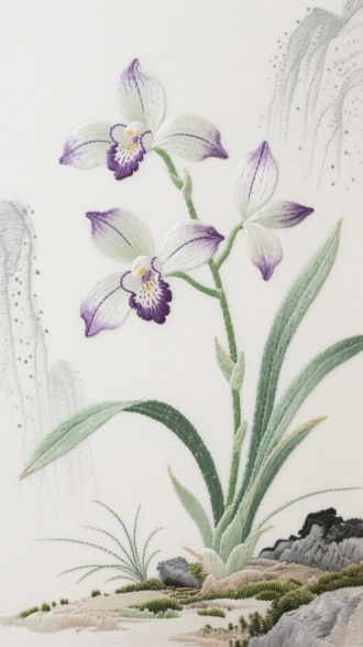 主题： 兰花刺绣 工艺： 细腻的刺绣工艺，展现了精妙的手工技艺。 色彩： 花朵主要以淡雅的白绿和浅紫为主，花瓣边缘有更深的紫色细线勾勒，花茎是柔和的翠绿色。 细节： 兰花舒展飘逸的瓣型和纤细的花茎脉络清晰可见，花心的微妙结构也十分精致。 背景： 朦胧的米白色背景，上面有浅灰色的稀疏线条和点状图案，仿佛是山间的薄雾和岩石的纹理，增加了画面的层次感。 艺术风格： 整体风格含蓄内敛，具有浓厚的东方艺术气息，展现了传统刺绣的淡雅之美。 象征意义： 兰花常被视为君子和淡泊的象征，生长于幽谷，寓意着高洁与谦和。 刺绣技法： 可能使用了多种刺绣技法，如平针、抢针、滚针等，来表现兰叶的修长质感和花朵的灵动神韵。 自然元素： 除了盛开的兰花，还可以看到几片细长的兰叶和地面隐约的苔痕，增加了画面的雅致和自然感。 材质： 刺绣布料细腻，针脚匀称灵动，显示出刺绣者的精湛技艺和对形态的精准把握。 氛围： 整体画面给人一种清幽、宁静、远离尘嚣的感觉，仿佛能闻到空谷中的淡淡兰香。 上方书法文案： “清姿独赏远尘喧”
