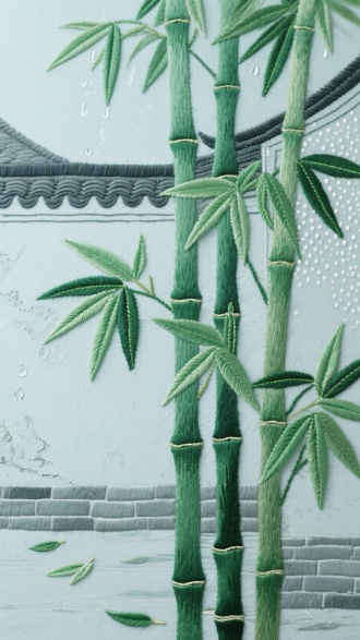 主题： 翠竹刺绣
工艺： 细腻的刺绣工艺，展现了高超的手工技艺。
色彩： 竹竿以深浅不一的青绿色为主，竹节处略深，竹叶是鲜嫩的翠绿，边缘有更深的绿线勾勒。
细节： 竹竿的节环纹理和竹叶的尖梢脉络清晰可见，叶片交叠的层次感也十分精致。
背景： 淡青灰色的背景，上面有深灰色的线条勾勒出青砖黛瓦的一角，以及白色的稀疏点状图案，仿佛是墙面的斑驳和水汽，增加了画面的层次感。
艺术风格： 整体风格清雅古朴，具有浓厚的东方艺术气息，展现了传统刺绣的文人意趣。
象征意义： 翠竹常被视为虚心有节和坚韧不拔的象征，寓意着正直与顽强的生命力。
刺绣技法： 可能使用了多种刺绣技法，如平针、接针、扎针等，来表现竹竿的挺拔质感和竹叶的疏密有致。
自然元素： 除了几竿翠竹，还可以看到背景中一角古朴的屋檐和地面上散落的几片竹叶，增加了画面的空间感和生活气息。
材质： 刺绣布料细腻，针脚紧密有序，显示出刺绣者的精湛技艺和对结构的清晰表达。
氛围： 整体画面给人一种宁静、雅致又充满生机的感觉，仿佛置身于江南庭院的一隅，听风吹竹叶沙沙作响。
文案： "虚怀劲节拂檐角"