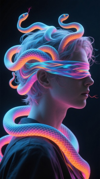创作一幅超现实风格数字艺术作品，呈现一位蒙眼人物侧面像。人物头发由多条色彩绚丽（蓝、橙、粉渐变 ）、形态灵动的蛇组成，蛇身有精致纹理与荧光效果。背景为深色，突出主体的奇幻与神秘氛围，整体风格科技感与魔幻感融合 。