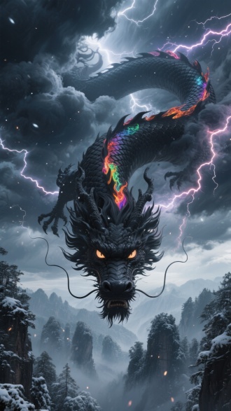 展现一片广袤无垠的玄幻世界，远古的张家界林山雪景，天空中风云变幻，乌云密布，凝聚成一条上古山海经黑色的神龙，从乌云中腾空而出，每一片鳞都发出三色的火光，电闪雷鸣，大地剧烈颤抖，特写神龙眼睛发出光芒，看向镜头。乌云从四面八方铺天盖地而来，光芒闪烁，如同星辰坠落，逐渐覆盖整个苍寰，雷光闪耀，蕴含着毁天灭地的力量。