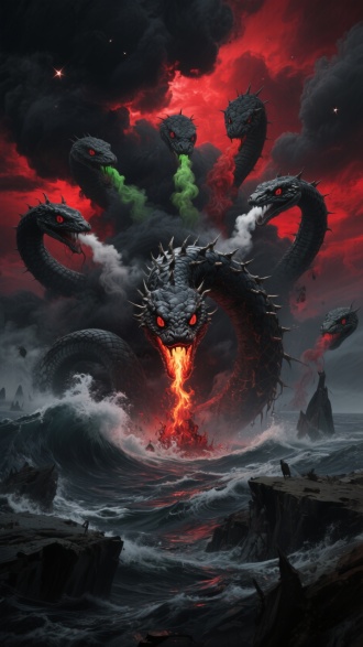 场景： 广袤无垠的末日海墟，破碎的陆地沉浮于墨色怒涛，天空流淌着红色霞光。
山海经动物： 翻腾如沸的红色与墨黑云层中，挣扎探出九个狰狞蛇首的九婴巨怪（蛇身覆盖骨刺，喷吐毒焰与玄水）。
配色： 主色调为污浊墨黑、赤红乌云、暗沉红光；九婴每个蛇首喷吐不同色泽的毒烟与秽水（赤红、幽绿、惨白）。
文案： “浊浪滔天，九首吞星”
元素： 天空风云剧变，乌云沸腾九婴撕裂云层降临，九个头颅喷吐的毒烟秽水腐蚀空间。海洋在嘶吼中形成巨大漩涡，特写其中一个蛇首燃烧着怨毒火焰的竖瞳，贪婪地锁定镜头。污秽的乌云如同巨兽胃囊翻滚扩散，其间坠落的腥臭粘液如同堕落的星辰，覆盖整个天幕，蕴含的力量带来彻底的腐朽与混乱。