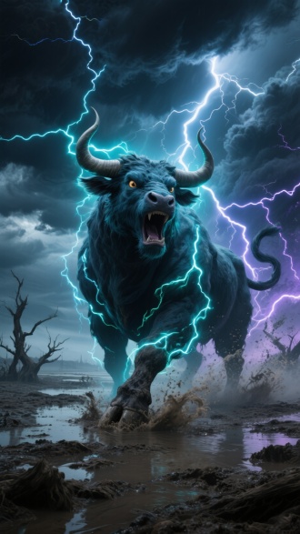 场景： 广袤无垠的洪荒大泽，泥沼与雷击焦木遍布，天空低垂仿佛触手可及。
山海经动物： 厚重如铅锭的深青与墨黑雷云中，凝聚出一头壮如山岳、独足而立的夔牛巨兽（苍青色皮肤，吼声如雷）。
配色： 主色调为深青泥沼、墨黑雷云、刺目青白雷光；夔牛周身跳跃着青白、亮蓝、深紫三色雷霆。
文案： “一足踏渊，声震九霄”
元素： 天空风云剧变，雷云沸腾夔牛引动万钧雷霆踏云降临，每一次独足落下都伴生震耳霹雳。洪荒大泽在轰鸣中泥浪滔天，特写夔牛那燃烧着狂暴雷电的巨眼，威严无比地凝视镜头。蕴含着毁灭性能量的雷云如同天幕崩塌般压下，闪电撕裂长空如同银蛇狂舞，覆盖整个乾坤，雷光蕴含着开山裂地、震荡寰宇的原始自然伟力。
