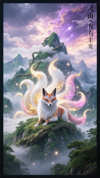 场景： 广袤无垠的葱郁古林山脉，奇峰耸立云雾缭绕，巨大的古老藤蔓缠绕山体。
山海经动物： 流动的翠绿与神秘紫金云霞中，凝聚出一只体型庞大如山丘、拥有九条蓬松光尾的九尾天狐（毛发如流金泻玉，眼眸蕴含星辰）。
（九条尾的九尾狐），配色： 主色调为苍翠山林、紫金祥云、柔光金白；九尾狐毛发流淌着金、白、粉霞三色光晕，眼眸如星海。
文案： “灵山有主，九尾通天”
元素： 天空风云剧变，祥云涌动（九尾天狐）沐浴霞光显现，长着九条巨尾摇曳间洒落点点星辉。巍峨山脉在柔和光辉中轻微共鸣，特写九尾天狐那双深邃如宇宙、流转着智慧与神秘星光的眼眸，带着一丝悲悯与威严看向镜头。蕴含着庞大灵气的祥瑞云霞从群山中升腾弥漫，闪烁的光点如同有生命的精灵起舞，逐渐笼罩整个天地，其霞光蕴含着沟通天地、孕育万灵的浩瀚自然之灵。