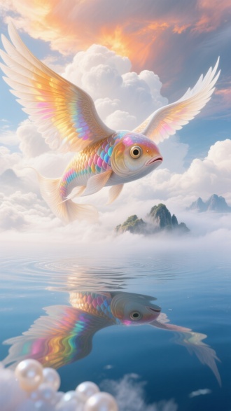 场景： 广袤无垠的云海之上，缥缈的仙山岛屿在雾气中若隐若现，下方是蔚蓝无垠的镜海。
山海经动物： 翻滚的珍珠白与霞光云层中，凝聚出一条体覆五彩锦鳞、生有巨大双翼的巨型文鳐鱼（鱼身优雅，翼展遮天）。
配色： 主色调为珍珠白、霞光金橙、海天蔚蓝；文鳐鱼鳞片折射出虹彩般的金、粉、蓝三色光晕。
文案： “云涛托瑞，翼振天光”
元素： 天空风云剧变，祥云翻涌文鳐鱼破云而出，每一片锦鳞都散发出彩虹般的辉光。平静的镜海在光芒下泛起巨大涟漪，特写文鳐鱼那充满灵性、映照着漫天霞光的巨大鱼眼，温和而深邃地望向镜头。祥瑞的云气从四面八方席卷而来，光芒流转如同琉璃宝石洒落，逐渐浸染整个穹宇，其辉光蕴含着带来丰饶与祥瑞的磅礴自然之力。