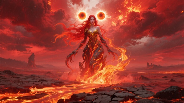 场景： 广袤无垠的赤红焦土大陆，龟裂的地表蒸腾着热气，天空如同燃烧的熔炉。
山海经动物： 翻滚沸腾的赤金与暗红云层中，凝聚出一位身形巨大、由流动熔岩与炽热岩石构成的女魃（长发如火焰，双目如日轮）。
配色： 主色调为灼烧赤红、熔岩橙金、焦黑裂土；女魃周身散发金红、炽白、暗橙三色焚风与光晕。
文案： “赤影巡天，万壑成烟”
元素： 天空风云剧变（热浪扭曲），焚云翻涌女魃踏着热浪降临，所过之处空气蒸腾扭曲。干涸的焦土在高温中发出爆裂脆响，特写女魃那如同两轮微型烈日、燃烧着无尽光热的眼睛，带着无情的灼热感凝视镜头。蕴含毁灭性高温的赤色云霾如燎原之火蔓延，坠落的不是雨滴而是燃烧的星火，逐渐覆盖整个苍穹，其热浪蕴含着蒸干江海、焚尽草木的极致干旱之力。