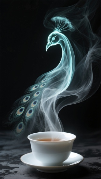 抽象艺术，水墨，一杯茶汽生成一个霓虹烟雾抽象形成的孔雀轮廓，烟雾线条如流水般柔和自然且悠长，动态模糊，逆光，光暗强烈对比，背景纯黑，水墨意境，梦幻，超现实主义，意识流，烟雾质感，3D，极简主义，虚幻，唯美，拖影，拉丝，禅意，16k分辨率。