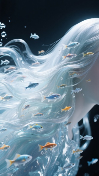 透明水质流动型头发，发丝里有许多小鱼，梦幻，大师级