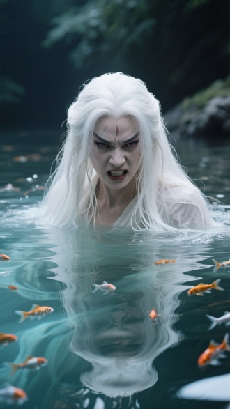白发魔女，表情狰狞，三分之一水面，水面上头发湿，三分之二水里透明水质流动型头发，水里清晰可见发丝，水里里有许多小鱼，梦幻，大师级