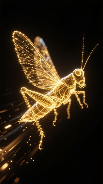 由发光流动粒子组成的蚱蜢，极速飞行，侧视图，金色动态光线和粒子效果，粒子线条构成的翅膀，动态模糊，速度感，高噪点，细节丰富。黑色背景，通透，大师作品