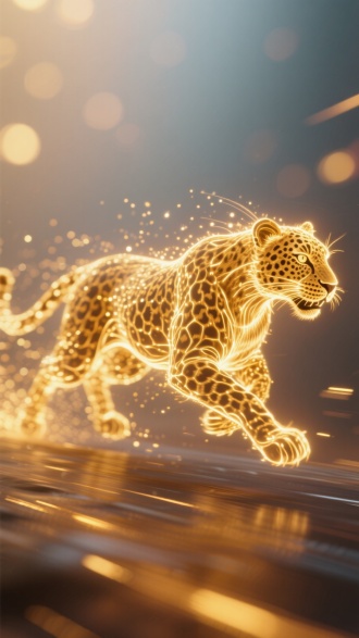 由发光流动粒子线条组成的发光豹子形态
极速奔跑，侧视图，金色动态光线和粒子效果，粒子线条构成的毛发，动态模糊，速度感，高噪点，细节丰富。渐变虚化梦幻光斑背景，通透，大师作品