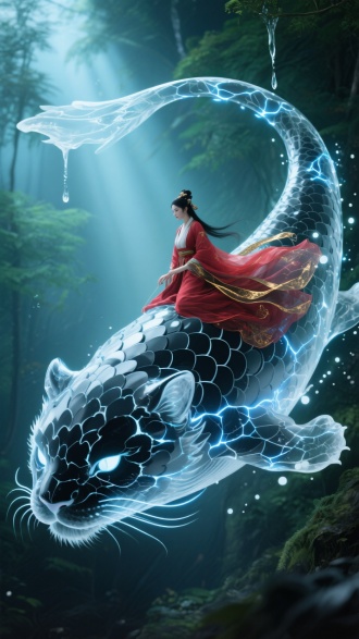 鲲之大，一锅装不下，阴暗画风粒子发光生物发光。透明白裂纹巨大无比的猫狮，俯冲，身体布满黑白色花瓣形鳞片凸起透明纹理，蓝色电光萦绕，蓝白色发光水墨点，四分之三巨大爆裂薄膜，毛发发光线条粒子，背上骑着一位帅气古风红纱衣女子，面目清晰，蓝绿丛林背景，树脂滴落。丁达尔效应，逆光，散射光，渐变，三维古风，极简构图，光影交错，色彩层次渐变，电影级质感。神秘感，沉郁系、白色粒子渲染，磨砂质感，杰作，流线笔刷，朦胧，低饱和度。金线勾勒,柔焦,暗绿色辉光效果，动态构图，动态光，古风，透明鎏金黑潜在空中的丝绸，逆光，发光