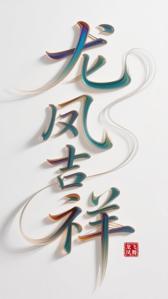 手写文字艺术海报，纯白背景中心呈现立体珐琅彩线条构成的“龙凤吉祥”字样，采用连贯的一笔画技法，线条粗细变化带有流动感，通过阴影层次和珐琅彩光泽渐变增强立体效果。字形转折处融入动态笔触飞白，朱红印章“龙飞凤舞”以篆书刻于右下角空白处，线条表面添加微妙的半透明珐琅质感，在极简构图中通过光影折射形成空气透视感。