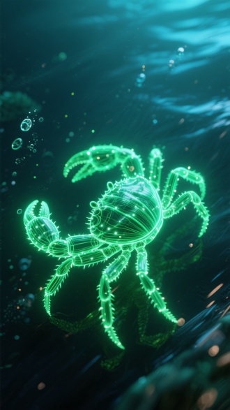 由发光流动粒子组成的螃蟹，行走，俯视角图，绿荧光动态光线和粒子效果，发光，粒子线条构成的细节，动态模糊，速度感，高噪点，细节丰富。深海背景，通透，大师作品