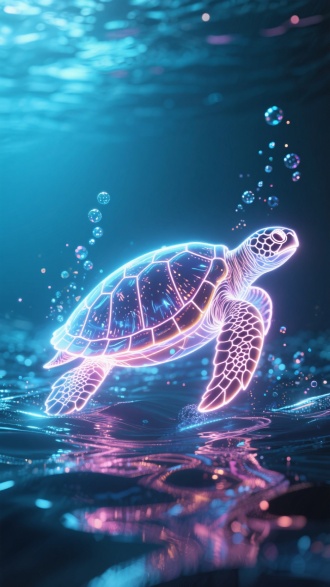 全息光抽象海龟，发光线条粒子，背景海里