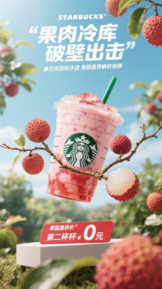 主视觉
杯体悬浮于爆汁荔枝园，果肉纹理渗透杯壁，吸管化作枝干连接真实果树，奶茶摆放在台上

震撼文案
主标题："果肉冷库破壁出击"
副标题："星巴克荔枝冰漩 果园直供瞬时锁鲜"
价格标题："果园直供价"第二杯0元"

