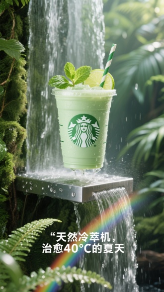 垂直构图，星巴克杯体（薄荷绿磨砂质感）嵌入瀑布水流造型不锈钢展台，杯口悬浮薄荷叶与青柠片，插上吸管，背景为热带雨林植被墙，前景有凝结水珠的蕨类植物特写，光线透过水帘形成彩虹折射，LOGO采用叶脉纹理雕刻，森系清新风格，焦外光斑特效，背景：奶茶杯嵌入瀑布水幕展台，杯体与自然融合
文案： "天然冷萃机，治愈40°C的夏天"