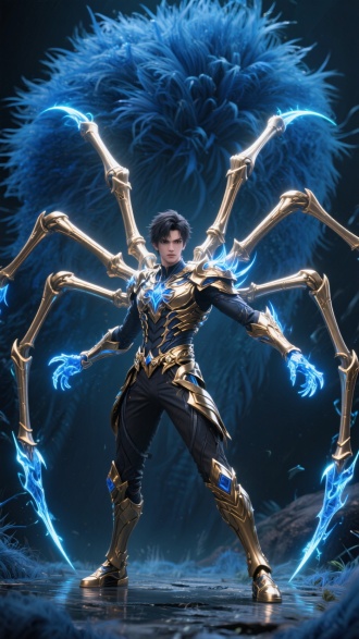 广角，生成一张圣斗罗唐三变身的人物写真图片。魔幻写真，唐三变身后背后有香槟色金属蜘蛛腿。蜘蛛腿的锋利散发着钴蓝色的毒光。背景巨大的蓝银草，全副武装的比例一样大小小舞。3D，32k.高清电影画质。
