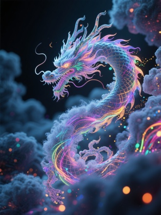 用分型算法和混沌算法创造一个由彩色发光粒子流动形成的线形成的神龙状絮云状复杂结构，随机的，混沌的，开启阴影投射，高清图片，大师作品