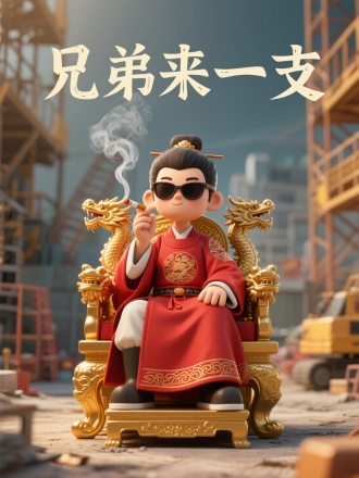 这是一张创意3D形象图，一个戴墨镜、穿红色传统服饰的卡通汉服年轻男子，悠闲坐金色龙椅，抽着烟，工地背景。楷体文案："兄弟来一支”