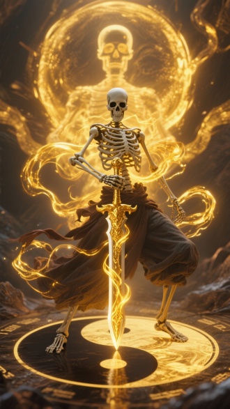 一个骷髅，手握一把金光闪闪的軒轅劍，劍直立插於太極圖正中間，劍身被金色靈氣纏繞，他脚踏太极图使用真气金色光，身後巨大虛影散發著金光