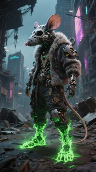 老鼠头插入魔族颅骨，皮毛呈现机械引擎，脚下踏着绿火脚印，背景废墟城市，赛博朋克风格