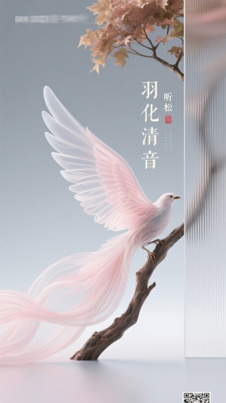 文字创意海报，插画，右边竖纹磨砂玻璃，小标题瘦金体 "羽化清音" ，与小字 "听松" 作为点缀，抽象画的梧桐枝头栖半透明羽翼，梦幻，柔性纤维，薄樱粉与银灰渐变色，治愈配色，纤维艺术，3D设计，前卫，概念设计，干净背景，OC渲染，背景渐变，极简主义