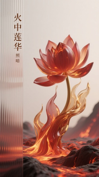 文字创意海报，插画，左边竖纹磨砂玻璃，小标题瘦金体 "火中莲华" ，与小字 "照暗" 作为点缀，抽象画的半消失间绽琉璃火焰花，背景熔岩，梦幻，柔性纤维，赭石红与暖金渐变色，治愈配色，纤维艺术，3D设计，前卫，概念设计，干净背景，OC渲染，背景渐变，极简主义