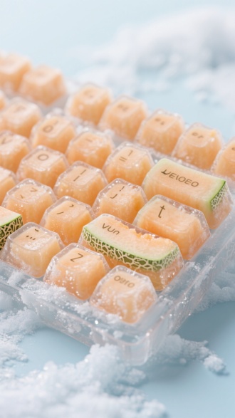 冷冻果冻制成的键盘，每个按键是切好的冷冻哈密瓜果肉，弹性果冻，晶莹剔透，半透明，微缩景观，UE5渲染，veo3，细节，精致，干净清爽背景