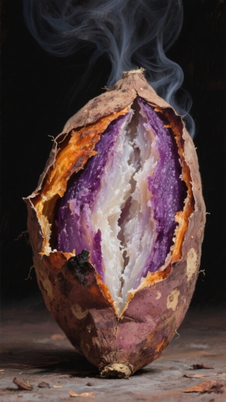 一个烤熟透的掰开来的番薯，露出里面紫白色的瓤，冒着热气，精细刻画紫瓤的甜美柔软感，油画写实风格暗黑
