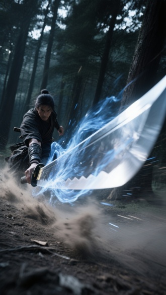 长焦镜头，长刀下垂在地面拖动，极速前进的高手，非常规构图，人物处在画面最左边，剩下的空间留给刀，黑夜森林，单人冲击，无情剑士，力量传递，动作引起风沙飞舞，蓝色流水裹在长刀全身，长刀刀动态模糊加径向模糊，周围场景景深模糊，刀身为起点出现覆盖整把武士刀向后随风飘动的不规则白色光带，光带末尾是锐利的平行线条。