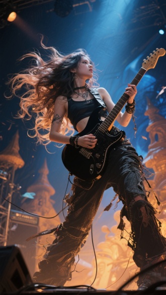 长卷发的前卫女生，摇滚风格，拿着吉他，在舞台上，碎发丝飘起，梦核，肌理质感，情绪氛围感拉满，仰视角度，透视视角，丰富的细节，意象化写意，粗犷而精准的肌理堆叠，完美光影，动感层次，极致化质感，创意背景，普鲁士蓝与琥珀色基调，童话风格