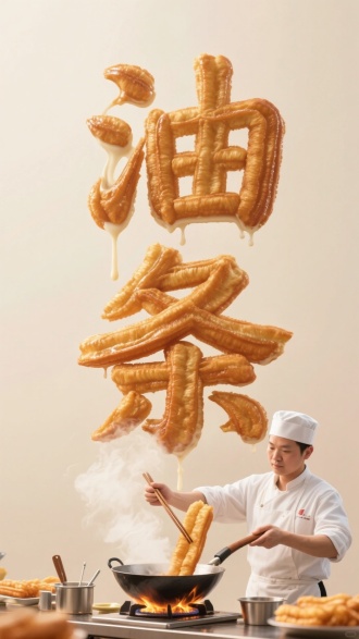 超真实感的油条组成艺术文字“油条”，纹理清晰细腻，表面有油光发亮，高清，边缘有豆浆液体流出，浅色系背景。下方有穿白衣白帽手拿长筷子的员工炸油条，锅，油条，热气，炉火，用具等做点缀。