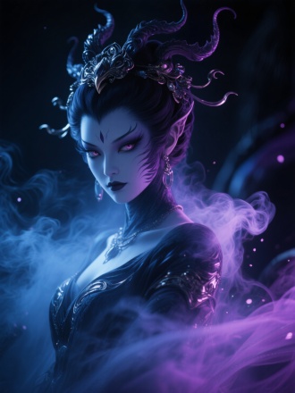 黑神话，西游记鸡妖精，拟人化，妖魅，绝美，暗黑蓝色柔光，散发，精致头饰，娇艳欲滴，眼神妩媚，烟雾粒子飘散，幽灵暗黑风格，超强 腻画面，暗黑低饱和蓝钛合银辉光效果，整体暗光，紫粉色调画面冲击力强烈，超现实主义 景深效果 32k  高清 特写，背景幽暗，近景