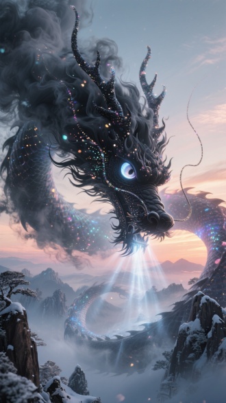 黄山朝霞雪景的冰雪世界，魔幻，炫彩国风，三维古风，东方美学，黑色烟雾凝聚的一只由幽灵粒子组成的上古神龙，神龙巨大的的眼睛看着屏幕，发光的微小粒子，C4D，OC渲染，通透的质感，模糊边缘，巨大的眼睛，特写近景神龙的眼睛，神龙注视着镜头，诸天神魔，充满想象力，魔幻世界，仙侠，玄幻，大场面，宏大的场景，螺旋构图，超广角，大远景，大景深，强烈的氛围感，充满代入感，穿越时空，发光的场景，震撼，仰视镜头，极繁主义，绝美光感，神龙全身发出魔幻的丁达尔效应的光，全身黑色烟雾幻化而成，辛烷渲染，三维粒子，轮廓光，生物学发光，体积光，电影光效，大师杰作，高品质，超真实
