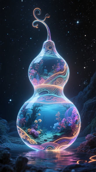 科技发光线条粒子巨大仙葫芦形状，全息光，呈现一幅计算机成像（CGI）数字艺术作品 ，抽象风格，先锋艺术，大胆前卫的立体画面设计，展示了海底世界的风光，分层次感，画面奇特美丽，空灵背景，古韵纹样，色彩丰富且和谐搭配，震撼隐世，大写意，意识流，惊绝之笔，灵气，色彩鲜艳，层叠画面，透视重合，画面构图大胆、图片展现了巨大的视觉张力。极简风格，唯美构图。暗色背景，璀璨星空背景
