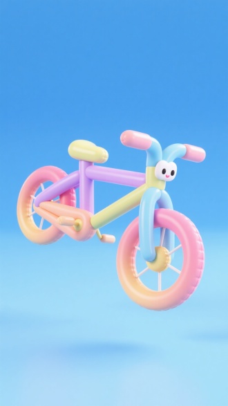 （自行车），由充气塑料制成的物体，充气风格，气球材质，可爱风格，物体采用糖果渐变配色，反重力，漂浮在空中，C4D建模，3D渲染，等轴测光线，纯净背景，蓝色渐变背景。