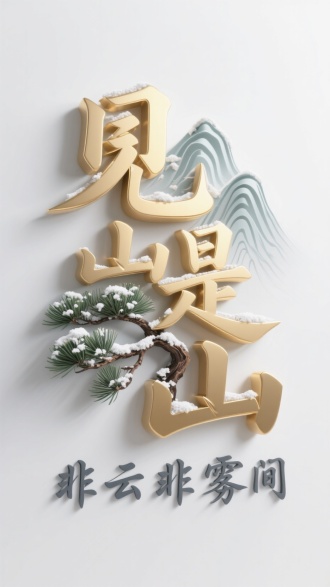 创意字体设计。主体为一个由青松枝、山峦纹、雪粒装饰而成的铂金色立体艺术汉字“见山是山”，副标题为黛灰色流畅手写体“非云非雾间”，凹陷压痕效果，极简构图，大面积月白色留白，C4D质感渲染，霓虹渐变光影，高清32K。