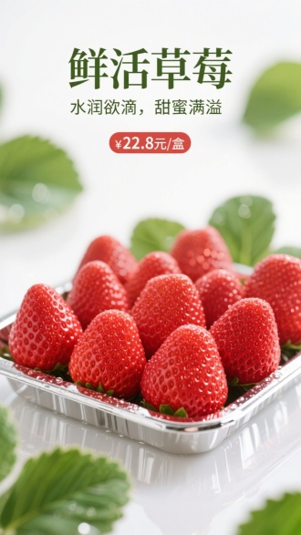 主标题：“鲜活草莓”
副标题：“水润欲滴，甜蜜满溢”
价格标签：“22.8元/盒”
新鲜草莓整齐摆放在镜面银色托盘内，表面点缀细密水珠，背景为高亮白色与柔焦绿色叶片虚化，草莓红与叶片绿对比鲜明，高级电商广告的清新氛围。