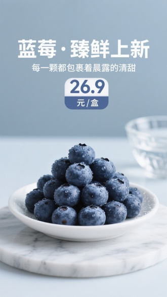 主标题：“蓝莓·臻鲜上新”
副标题：“每一颗都包裹着晨露的清甜”
价格标签：“26.9元/盒”
描述：饱满蓝莓堆叠于纯白色大理石盘中，果皮布满晶莹水珠，背景为极简淡蓝灰色，搭配精致玻璃碗点缀，整体呈现电商广告高级感和蓝莓的诱人新鲜。