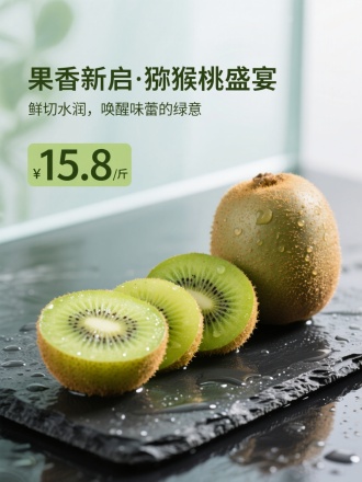 主标题：“果香新启·猕猴桃盛宴”
副标题：“鲜切水润，唤醒味蕾的绿意”
价格标签：“15.8元/斤”
饱满猕猴桃切片和整果摆放在黑色石板上，果肉表面带有细腻水珠与高光反射，新鲜，背景为浅色磨砂玻璃，空间简洁明亮

