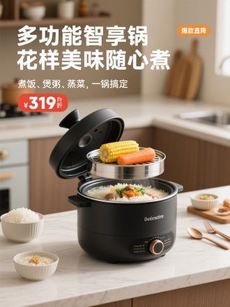 主标题："多功能智享锅，花样美味随心煮"
副标题："煮饭、煲粥、蒸菜，一锅搞定"
价格标签："爆款直降 ￥319"
描述：磨砂黑色电饭锅置于整洁厨房台面，锅盖半开，锅内可见米饭或煲汤，顶部蒸屉上放着玉米和胡萝卜，旁边有餐具和小碗，背景为温馨厨房，体现多功能和家庭便捷性。