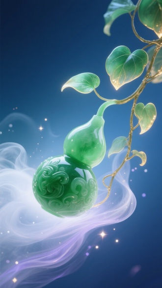 仙气飘飘、梦幻风格，画面中央是一只斜着漂浮的翠绿色玉雕葫芦，色泽温润，表面雕刻精致，泛着淡淡的祖母绿光泽。整体配色以绿色、青蓝和淡金为主，辅以柔和的白色和浅紫色点缀，色调统一清雅。葫芦周围缭绕着半透明的薄雾和轻盈的光带，如同仙气流转，星光点缀其间，氛围空灵神秘。藤蔓自然舒展，呈青绿色渐变，叶片边缘透着微微金光，整体造型灵动潇洒。背景为深青蓝色渐变，衬托出葫芦的宝物气质和仙气氛围，细腻光斑与柔和流光错落有致。整体画面配色和谐、清新雅致，突出艺术感和高级感