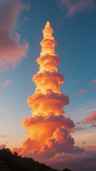 由火烧云朵形成的七层塔云朵形状