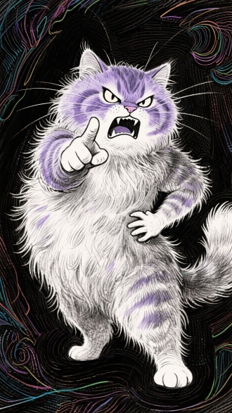 飞线素描风格，插画，一只激动得毛发蓬松成球状的大猫咪（与人争论），一只手掐腰一只手指向镜头，表情凶狠，紫灰色的脸，极致细节，夸张的绒毛质感，拟人化站立，表情极度夸张，炭笔狂躁风格飞线素描画法，炫彩国风