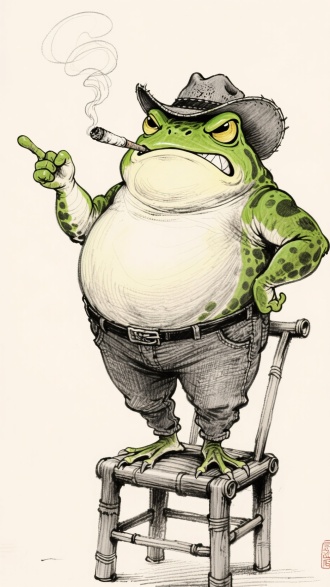 飞线素描风格，插画，一只狂躁得膨胀呈圆球状的肥蛙（与人骂架），一只手掐腰一只手指着镜头，凶狠的表情，绿色色的脸，戴牛仔帽，穿牛仔裤，嘴里叼着大烟，站在椅子上，极致细节，夸张的皮质感，拟人化的方式站立着，夸张的表情，炭笔狂躁风格出线条的飞线素描画法，炫彩国风 