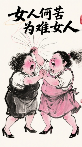 飞线素描风格，插画，两个个矮胖丑陋乡村妇女在(吵架），互掐拉扯，互相抓对方头发，凶狠的表情，粉色的脸，穿裙子，高跟鞋，夸张烫发，极致细节，夸张的皮质感，拟人化的方式站立着，夸张的表情，炭笔狂躁风格出线条的飞线素描画法，炫彩国风 ，上方文案书法字体：“女人何苦为难女人”