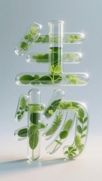 由生物元素组成的中文圆润字体“生物”的玻璃试管形态，生机勃勃，光合作用，融合完美，玻璃试管质感字体，真实感十足，纯色干净背景，用途艺术设计图，3D高清风格，特写镜头，唯美氛围，8k画质，逆光，细节清晰